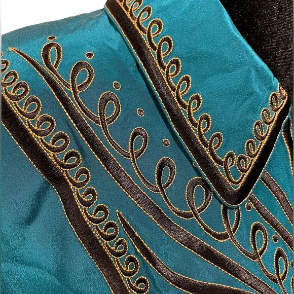 Bob Mackie NWT Vintage Teal Silk Embroidered coat front zip & drawstring size L - Picture 4 of 10